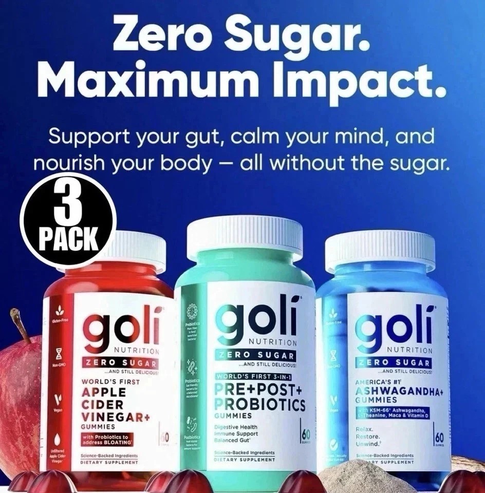 NEW 3 Bottles Goli Zero Sugar Best Seller Trio Set Gummies, 60 Counts Per Bottle