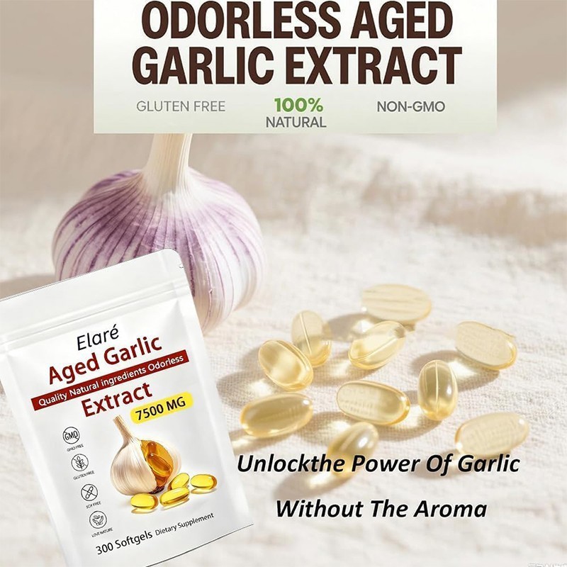 Elare Aged Garlic Extract, 300 Softgels, 7500mg Odorless | Heart & Immune Pack 1