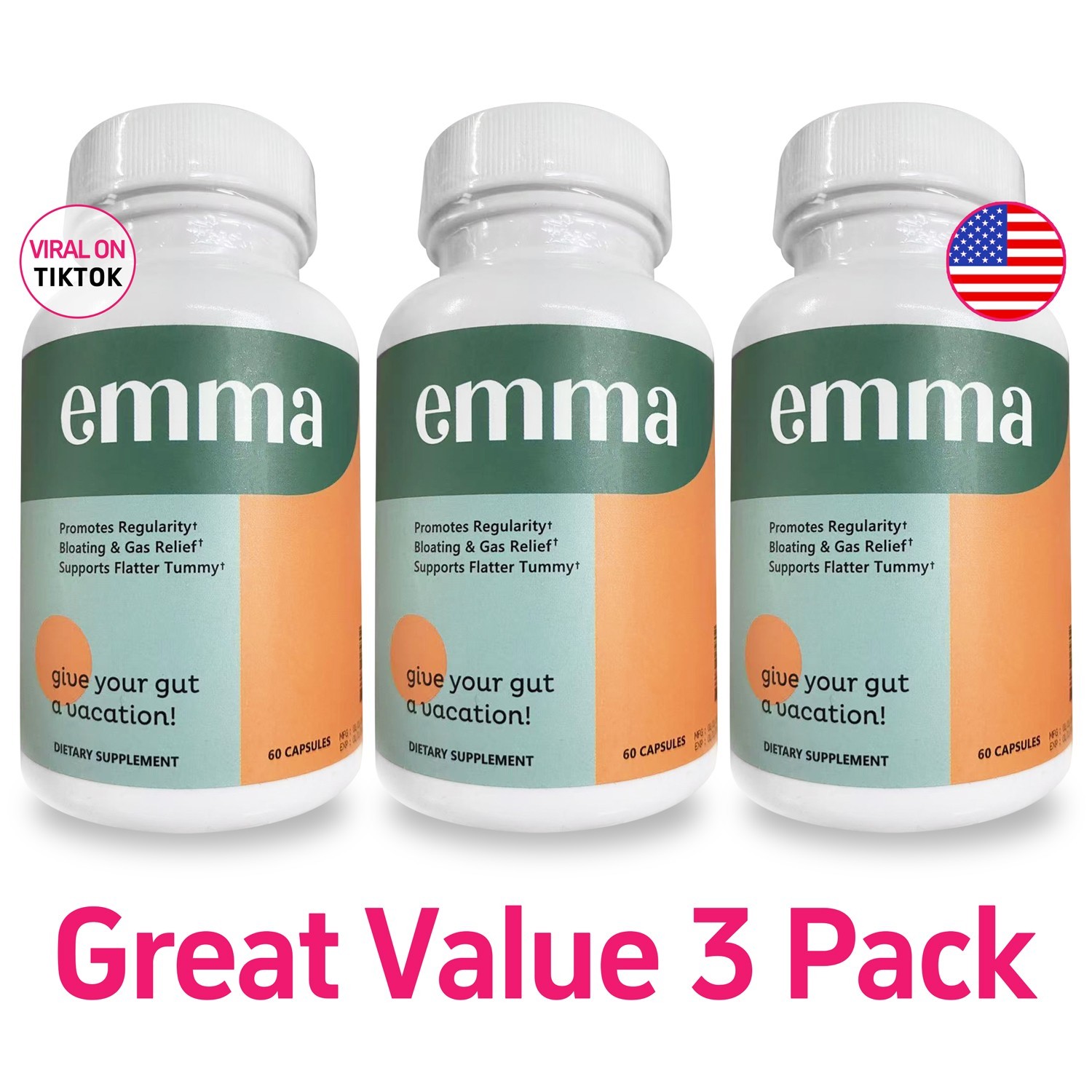 3 Pack Emma Gut Health Supplement 180 Capsules to Support Bloating Relief & Leak