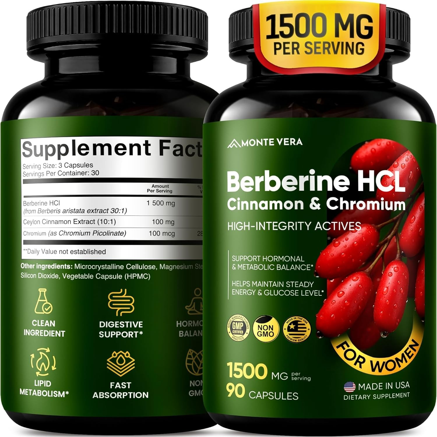 Lot of 2 Monte Vera Berberine HCL Cinnamon & Chromium – 1500mg – 60 ct ea – 3/28