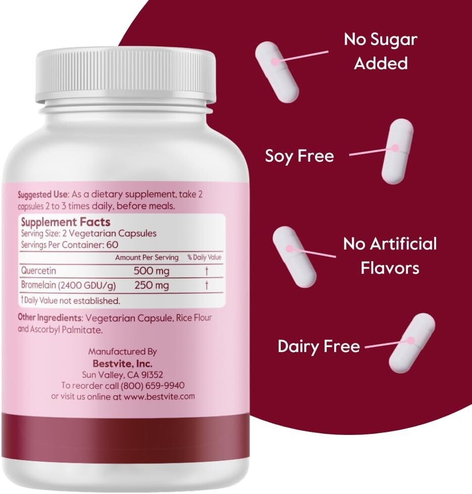 Quercetin with Bromelain 500mg/250mg (120 Vegetarian Capsules)-Vegan-Non GMO