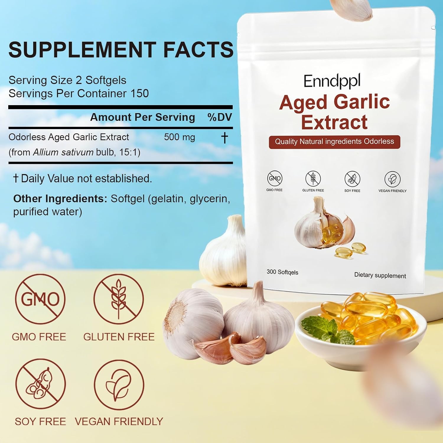 Elare Aged Garlic Extract, 300 Softgels, 7500mg Odorless | Heart & Immune pack 1