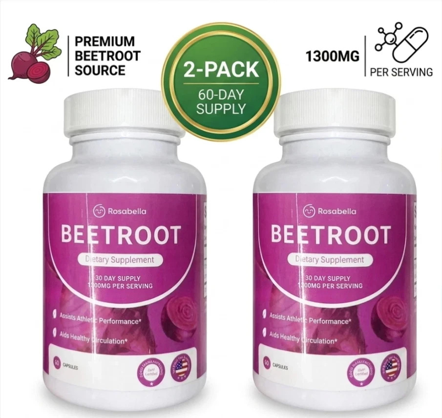 Rosabella Beetroot 1300mg Capsules Supplement 120 Count (2 x 60ct) Daily Wellnes