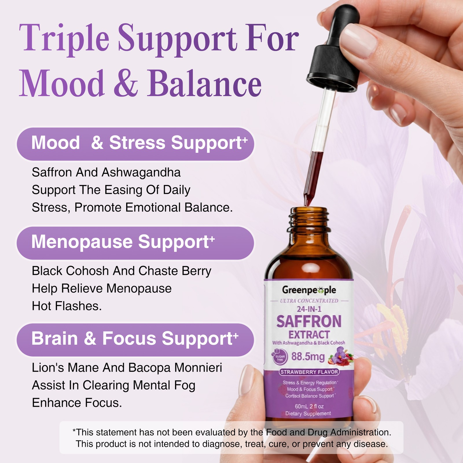 Saffron Supplements 88.5 mg &Ashwagandha, Magnesium, Zinc, B12 & D3 2oz