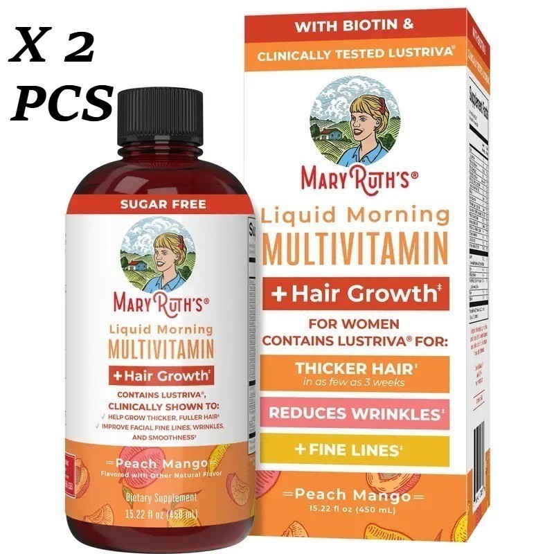 2 BOTTLES–MaryRuth’s Liquid Morning Multivitamin Hair Growth Peach Mango flavor