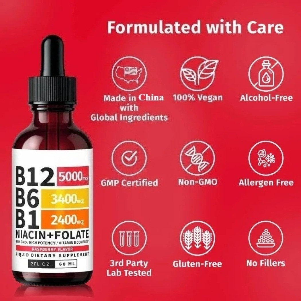 2-Bottles Vitamin B12 Liquid Drops with B6 B1 Niacin Folate