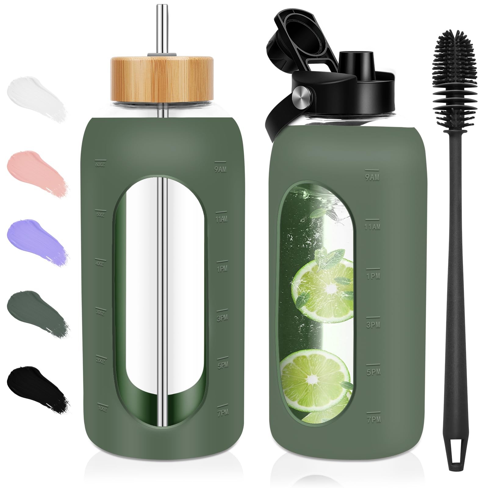 FULBEVY Glass Water Bottles 64 oz – Half Gallon Large 64 Ounces, Olive