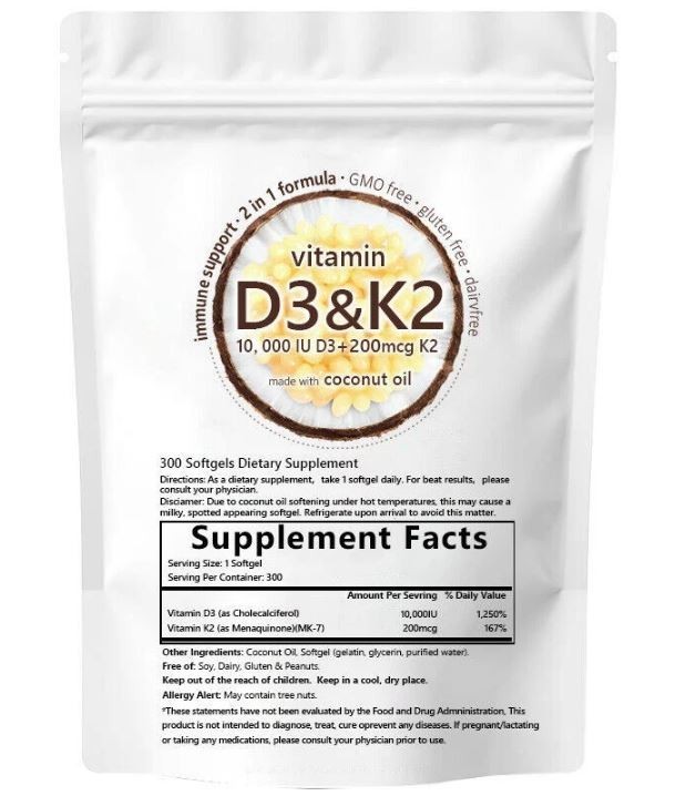 Vitamin D3 10000 iu Plus K2 (MK-7) 200 mcg, 300 Virgin Coconut Oil Softgels