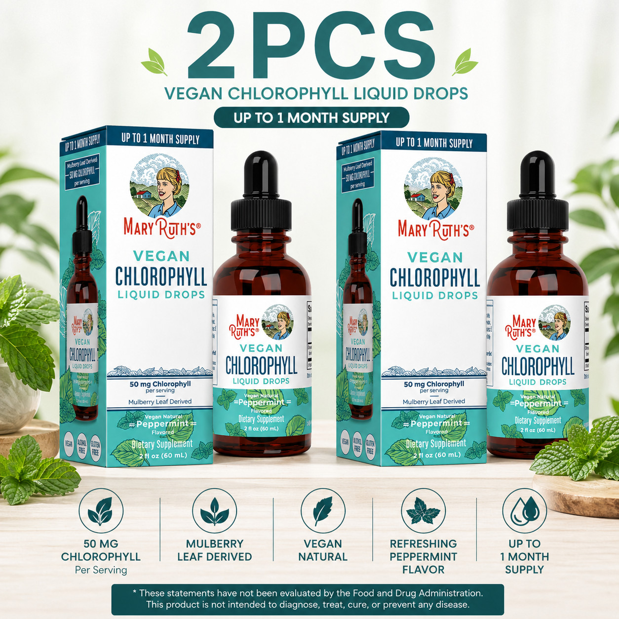 New Mary Ruth’s VEGAN Chlorophyll Liquid Drops Peppermint Flavored 4 Fl Oz 120ml