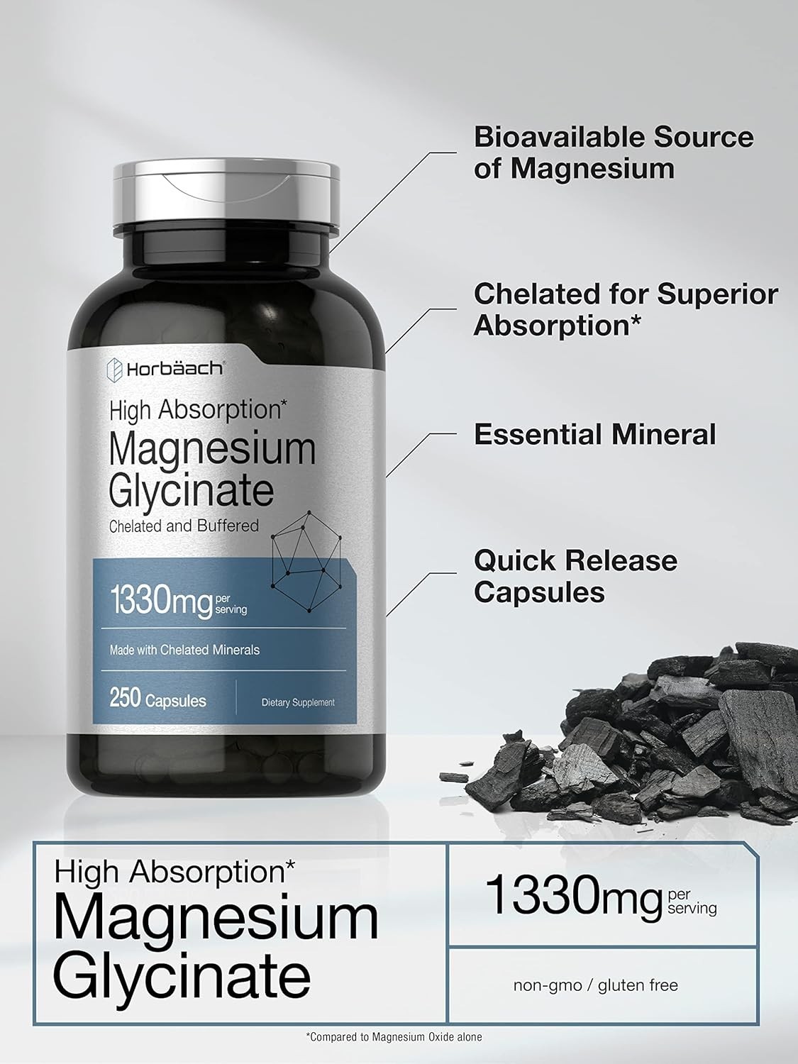 Magnesium Glycinate | 1330mg | 250 Capsules | Buffered & Chelated | by Horbaach