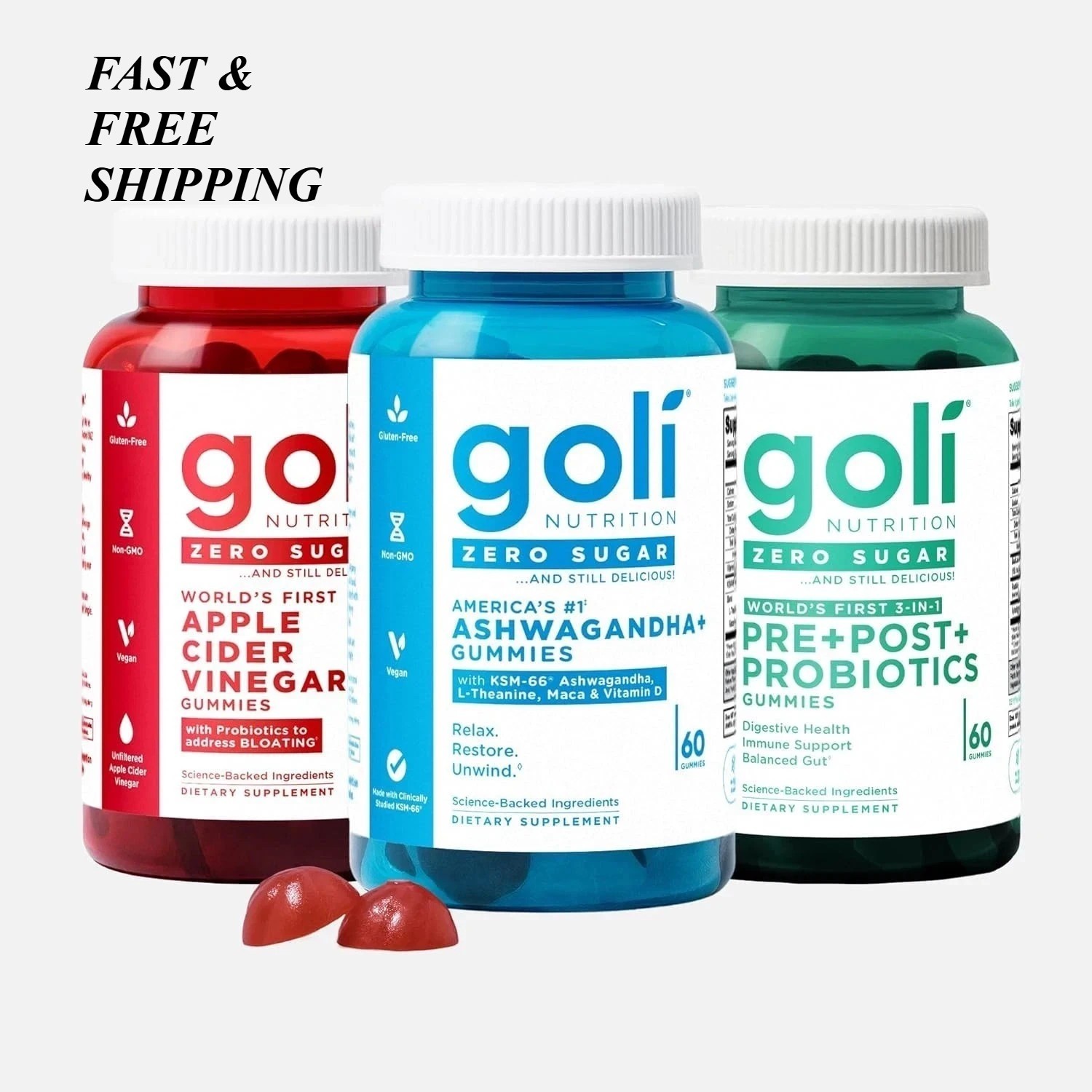 2 SETS- 3 Bottles Goli Zero Sugar Best Seller Trio Set Gummies 60Caps Per Bottle