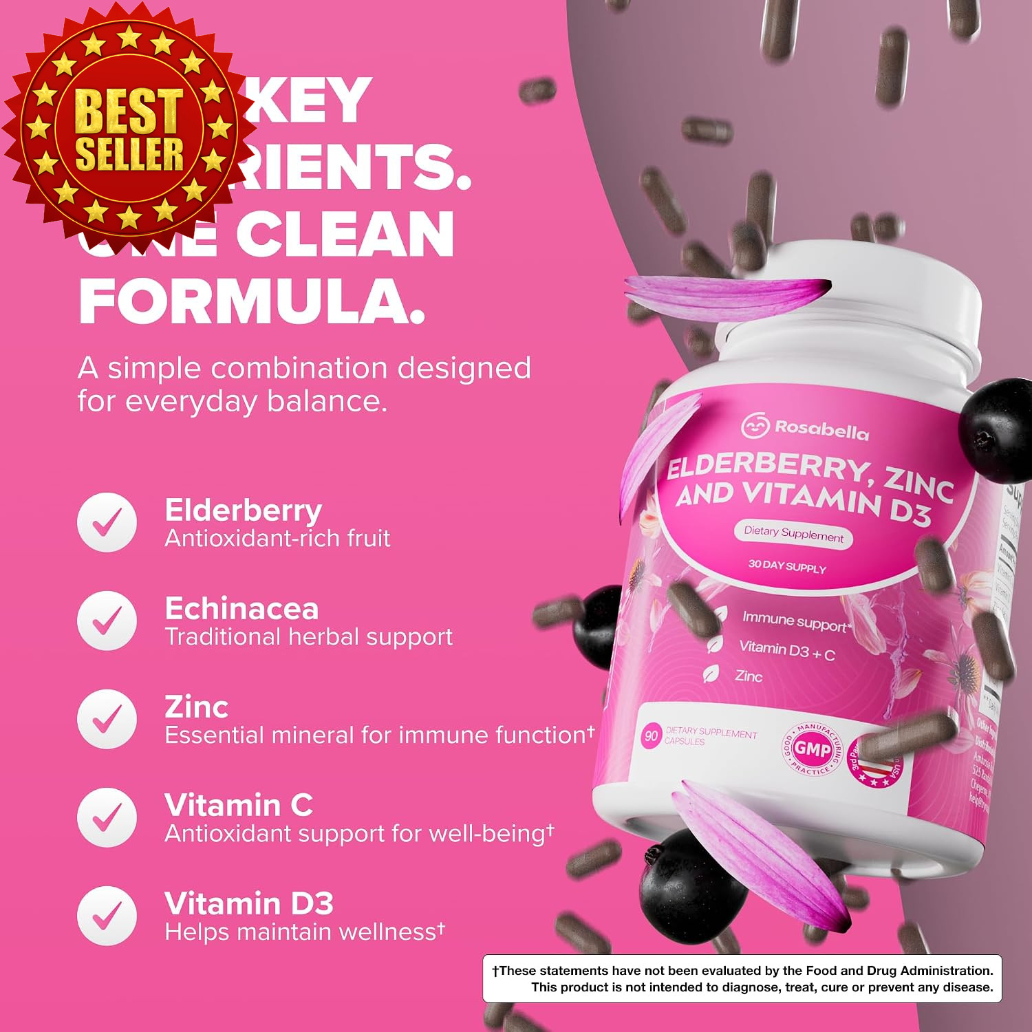 Rosabella Elderberry Supplement Capsules 90 Count Zinc Vitamin C D3 Vegan