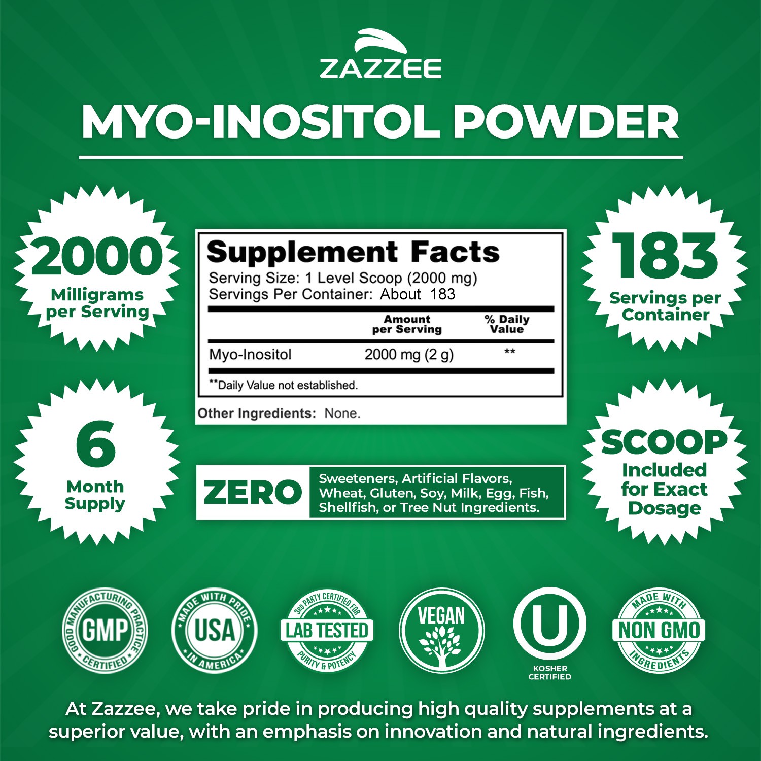 Pure Myo-Inositol Veggie Powder PCOS Fertility Vegan 16 Ounce 226 Servings USA