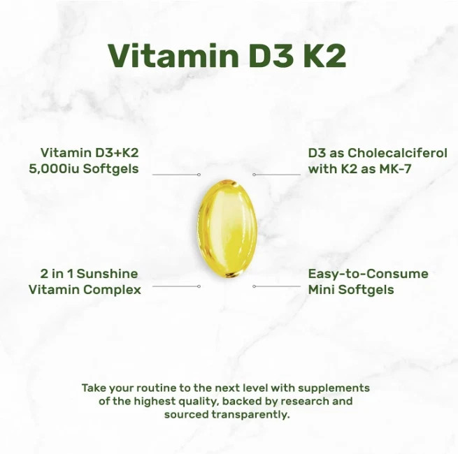 Vitamin D3 K2 250 Softgels Supports Bone Heart Teeth & Immune System Health