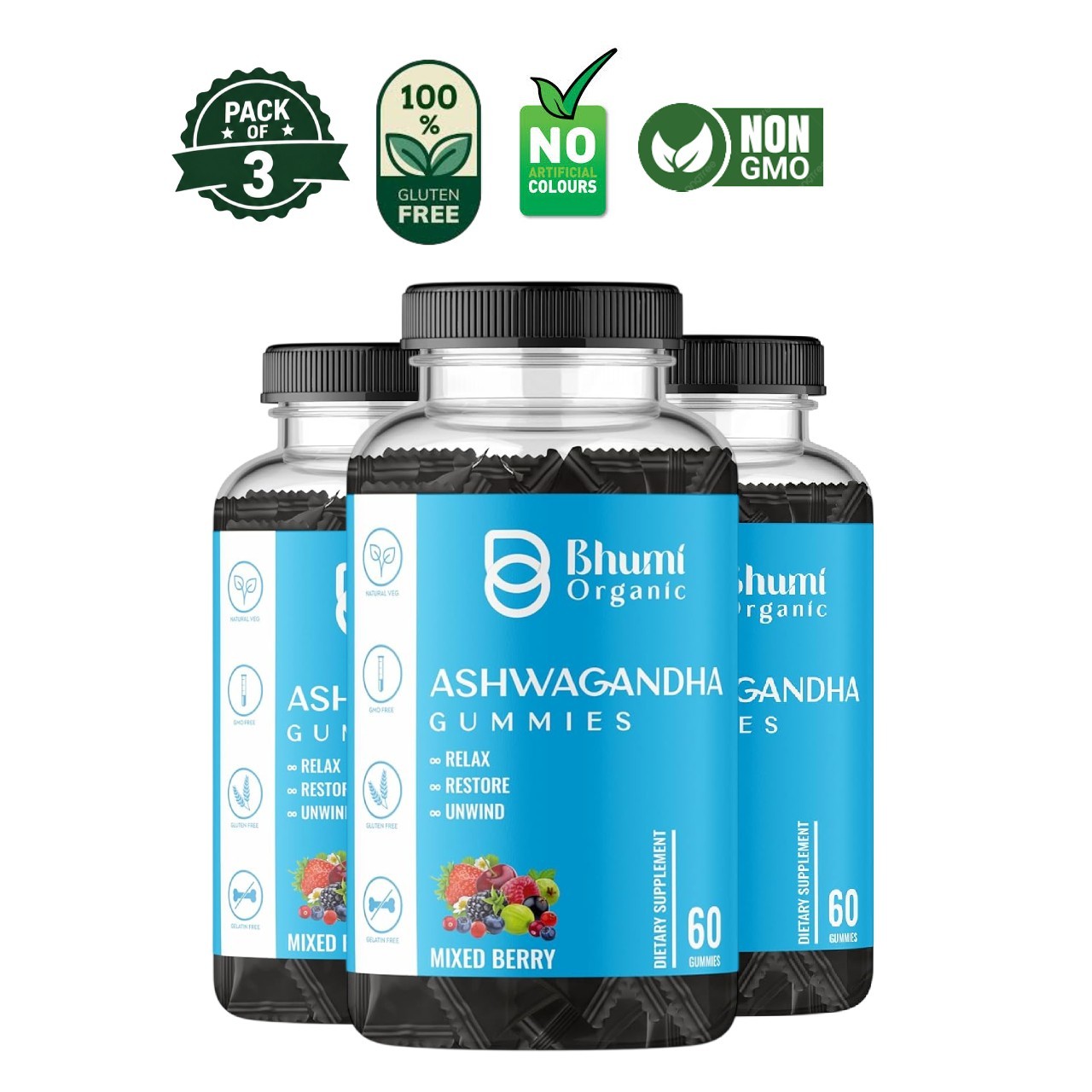 3 Pack Bhumi .Organic Ashwagandha Gummies 180 Count
