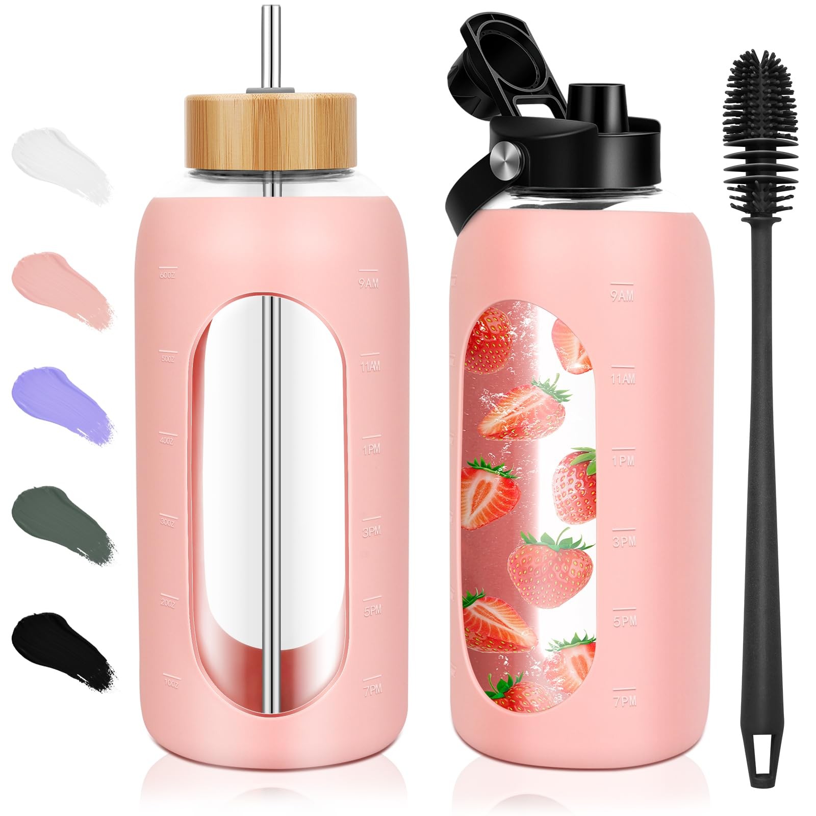 FULBEVY Glass Water Bottles 64 oz – Half Gallon Large 64 Ounces, Pink