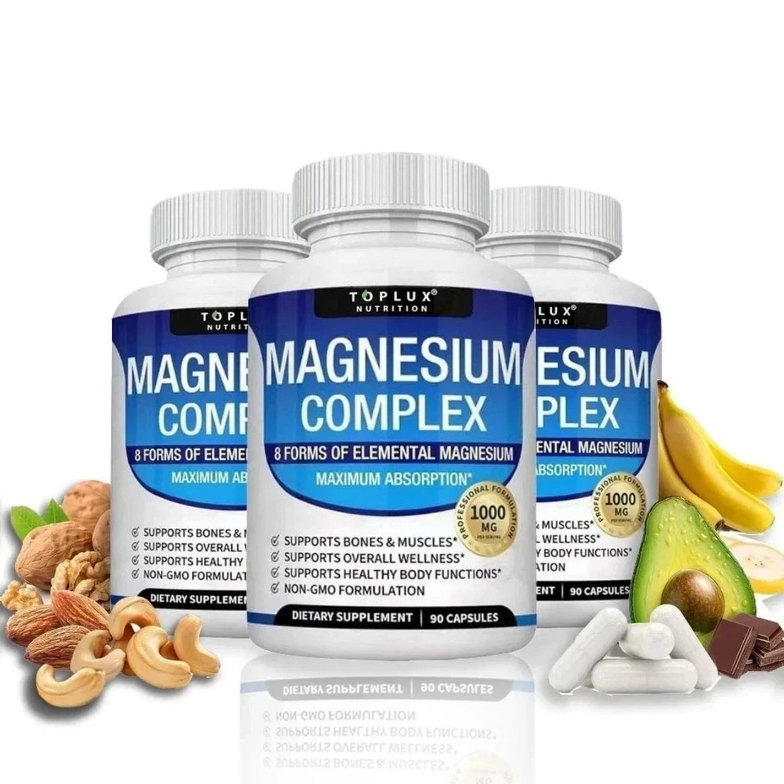 3Pack Toplux Nutrition Magnesium Complex 1000mg Supports 8 Elemental Magnesium