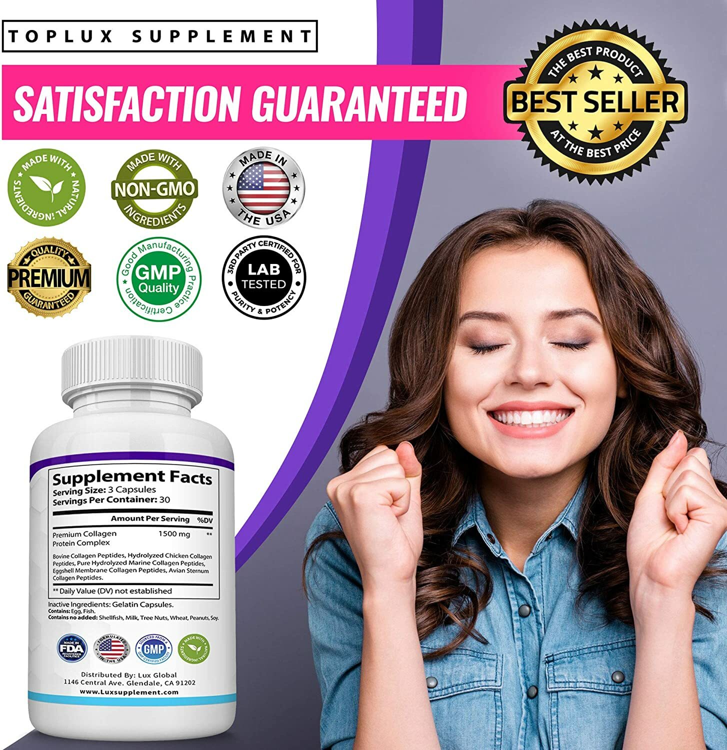 Premium Collagen Peptides 1500 MG Hydrolyzed Anti-Aging (Types I,II,III,V,X)