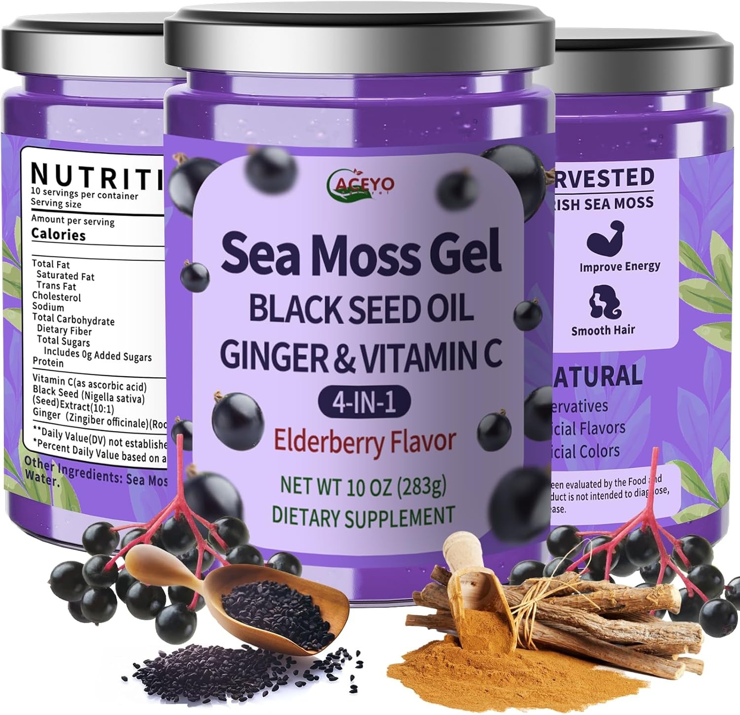 ACEYO Sea Moss Gel 4-in-1 Black Seed Oil Ginger Elderberry 10oz