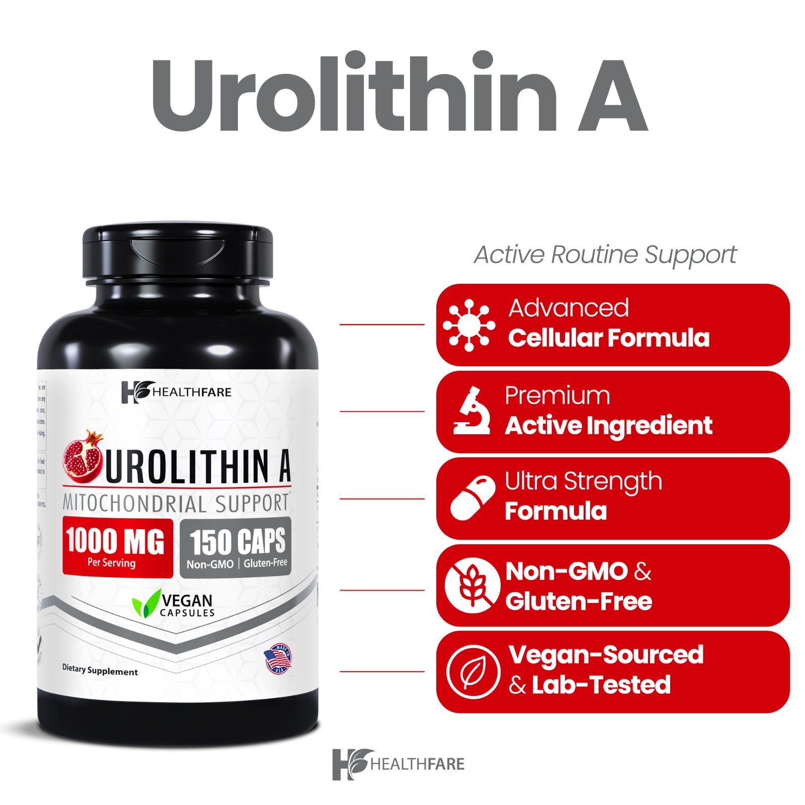 HealthFare Urolithin A | 150 Vegan Capsules | Non-GMO, Gluten-Free | Made in USA