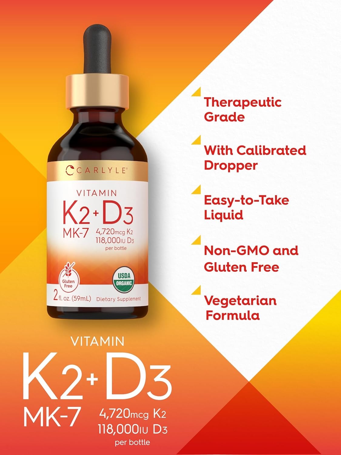 Vitamin D3 K2 MK7 Liquid Drops | 2 Fl Oz | Vegetarian, Non-GMO | by Carlyle