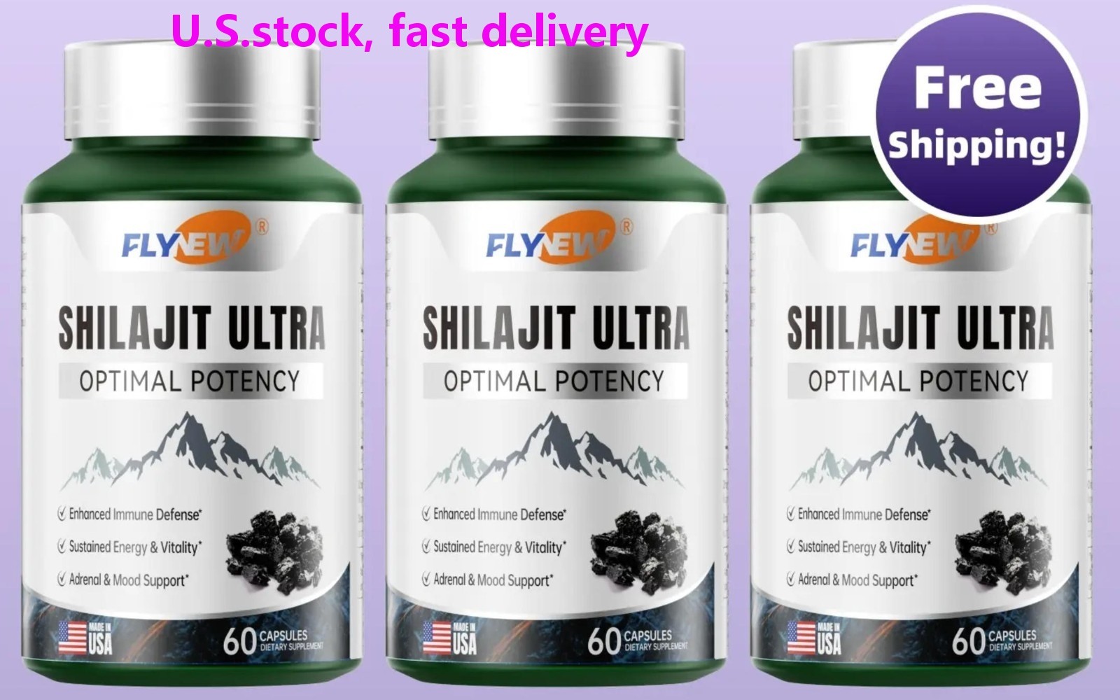 3PCS Flynew Optimal Potency | Shilajit Ultra | Adaptogen Energy Stamina Immune