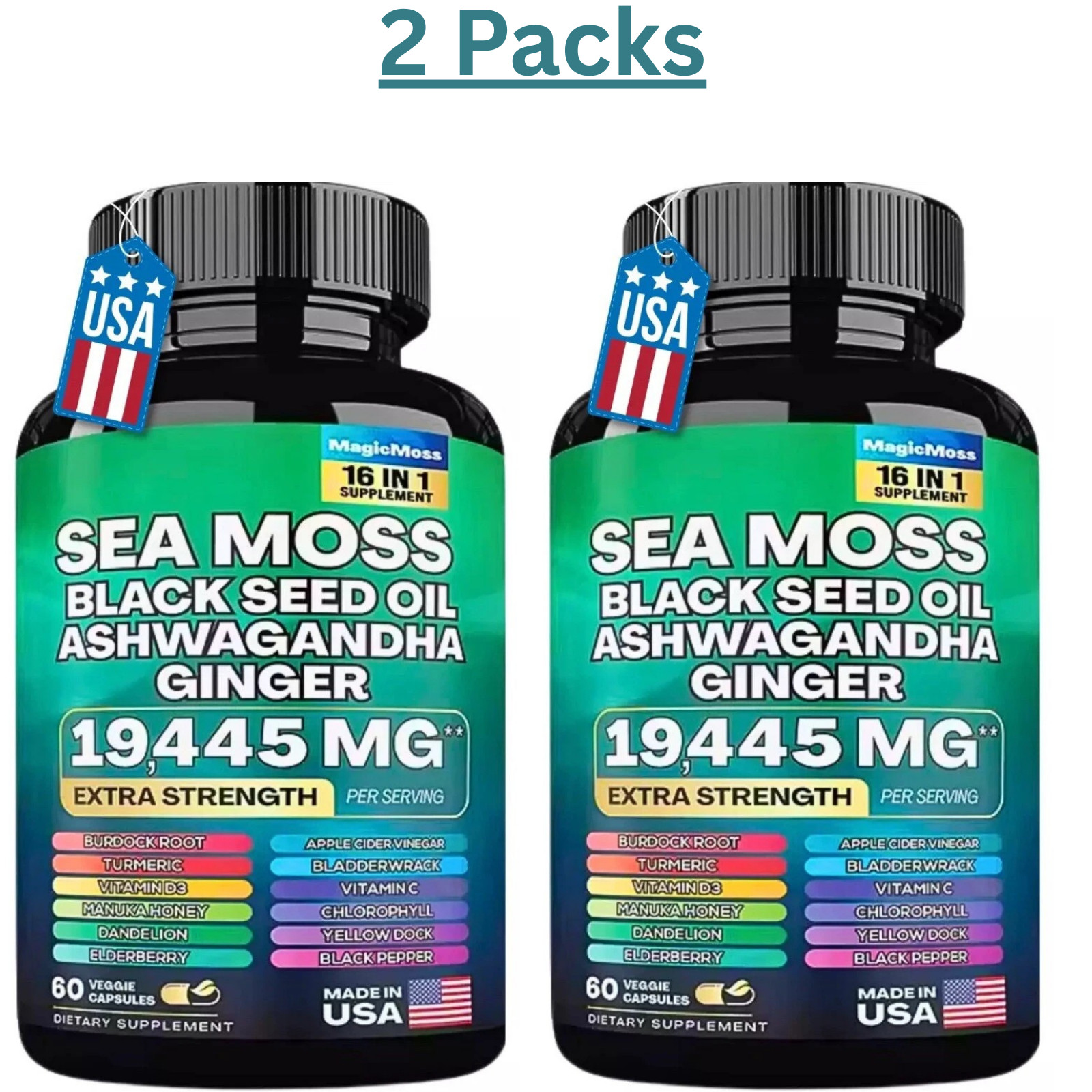 2 Sea Moss, Black Seed Oil, Ashwagandha, Turmeric, Ginger (16 in 1 Multivitamin)