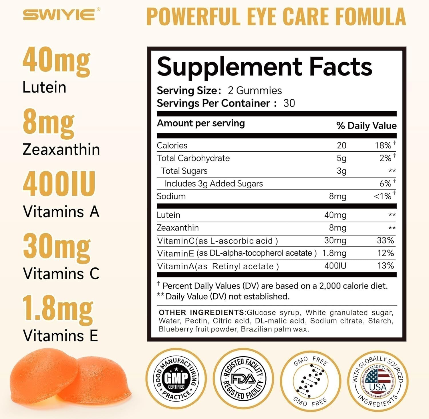 SWIYIE Lutein Gummies – Eye Health Support with Lutein & Zeaxanthin, 60 Gums NEW