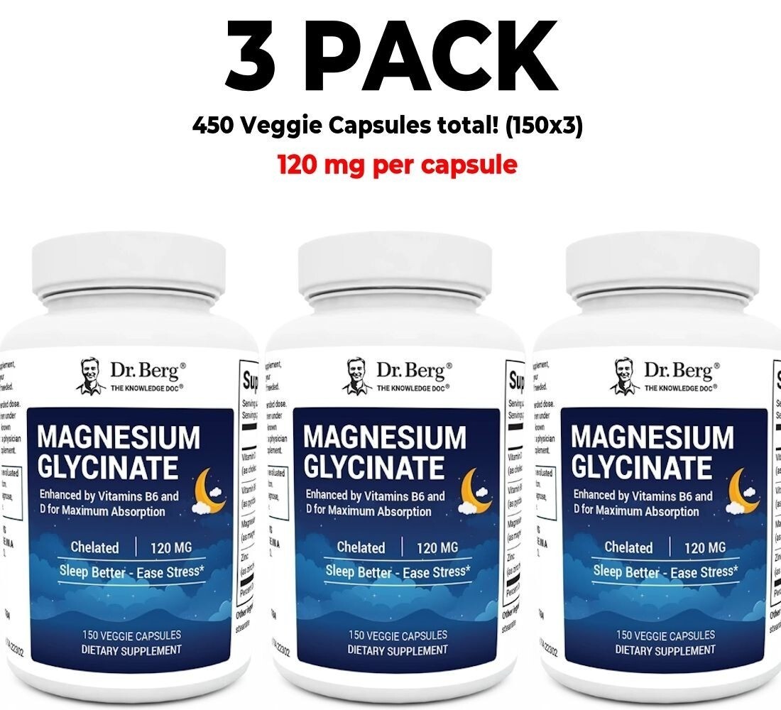 Dr. Berg’s Magnesium Glycine, 3 packs, 150 vegetarian caps per hat (total 450!)-
