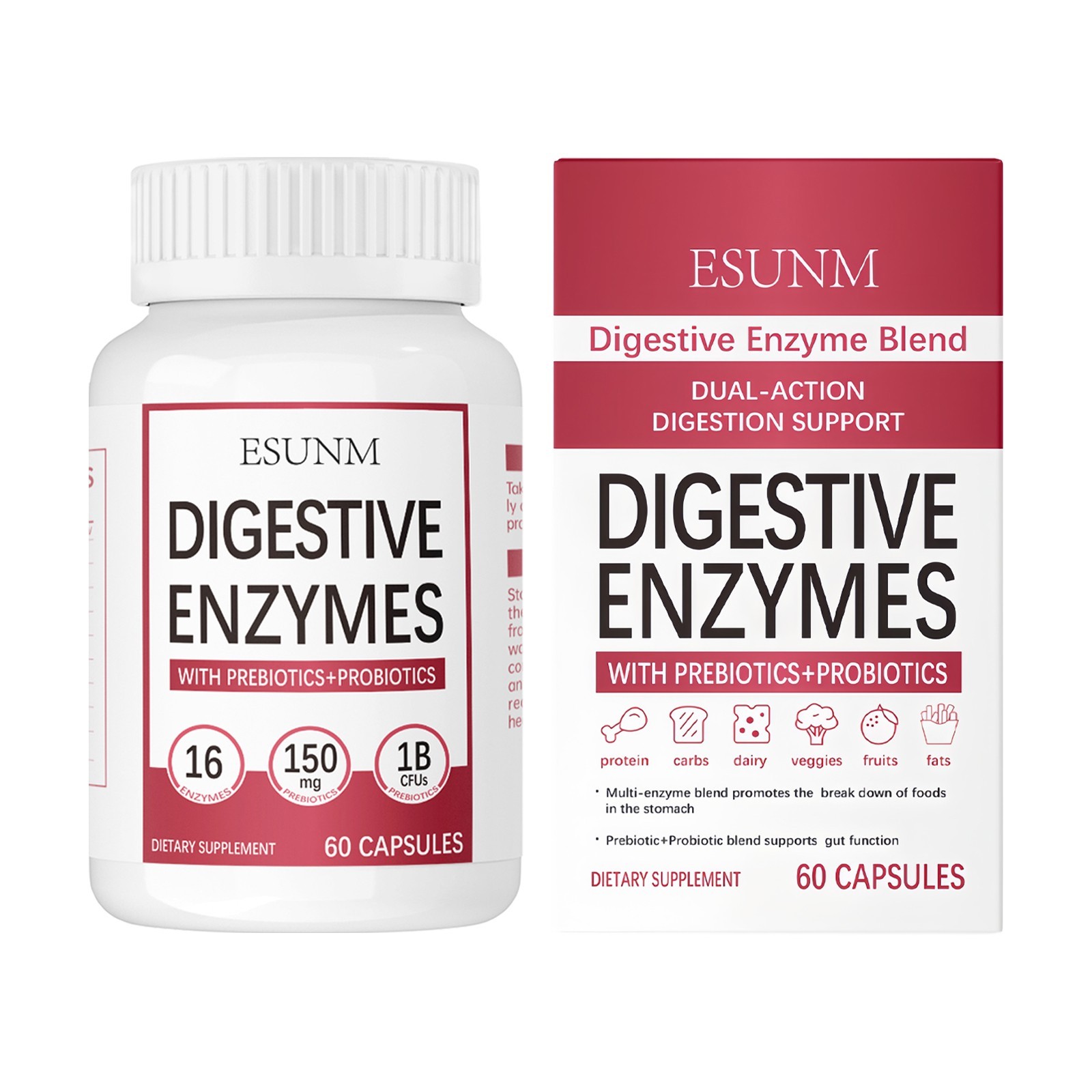 ESUNM Digestive Enzymes,With Prebiotics Probiotics,Dietary Supplement 60ct