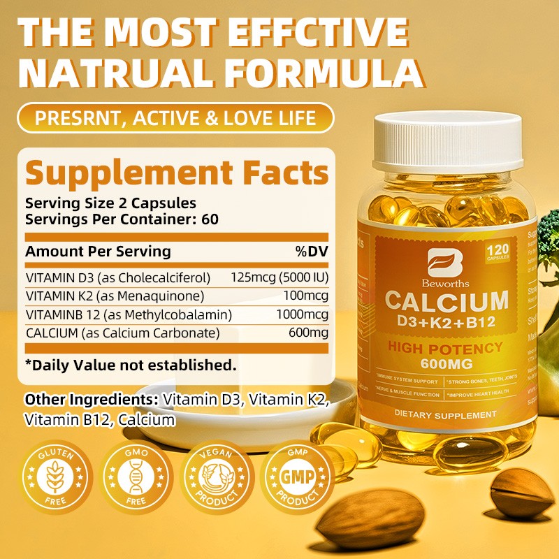 4-in-1 Calcium Supplements for Women & Men with Vitamin D3 K2 B12 Softgels