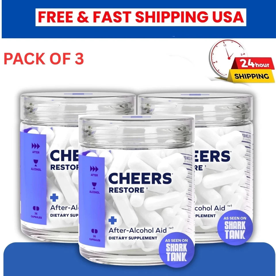 3 Bottles Cheers Restore Supplement w/ DHM + L-Cysteine – After-Alcohol Aid NEW