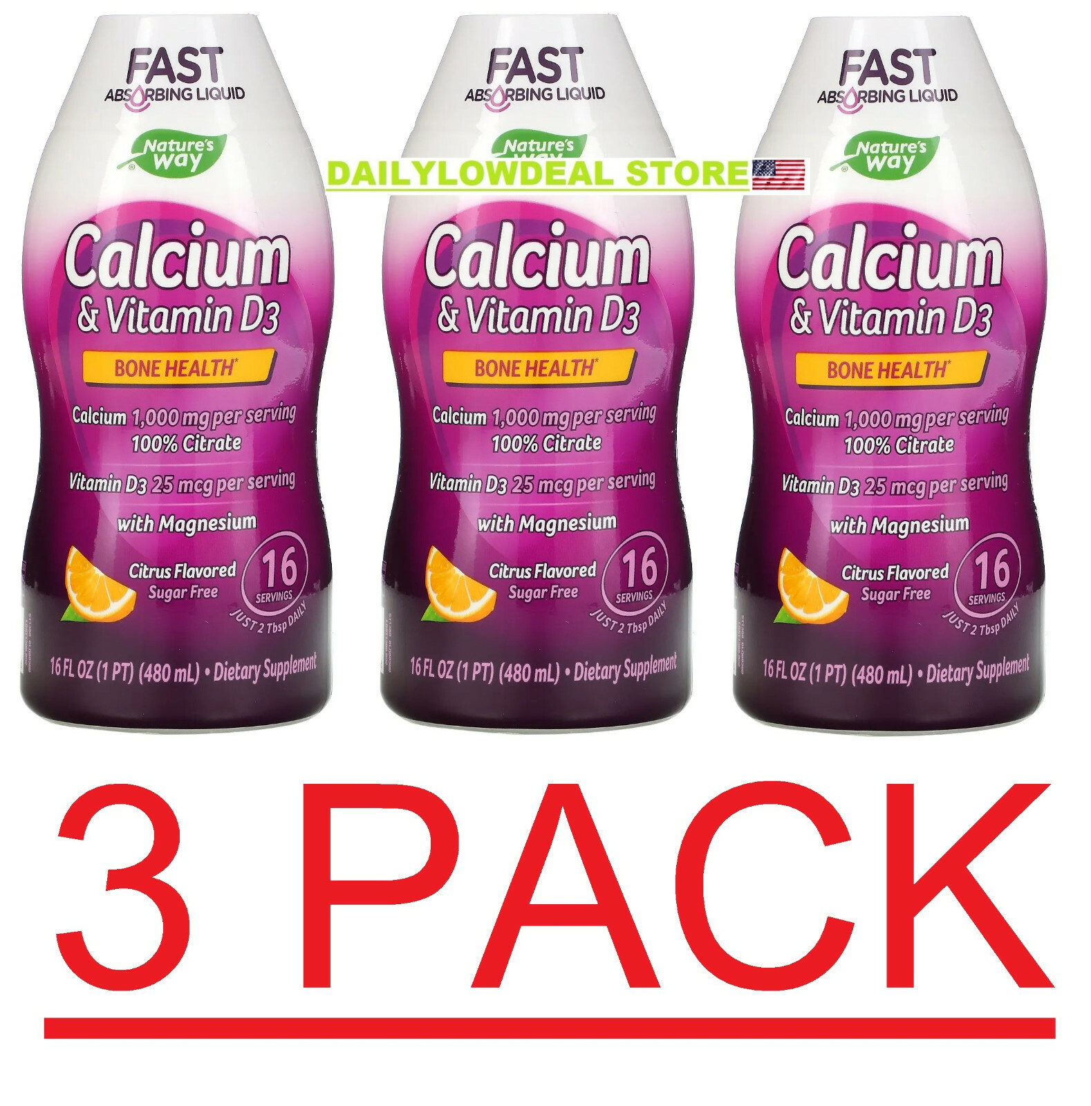 3 PACK -Nature’s Way Calcium & Vitamin D3, Citrus 16 fl oz (Total 48 fl oz)