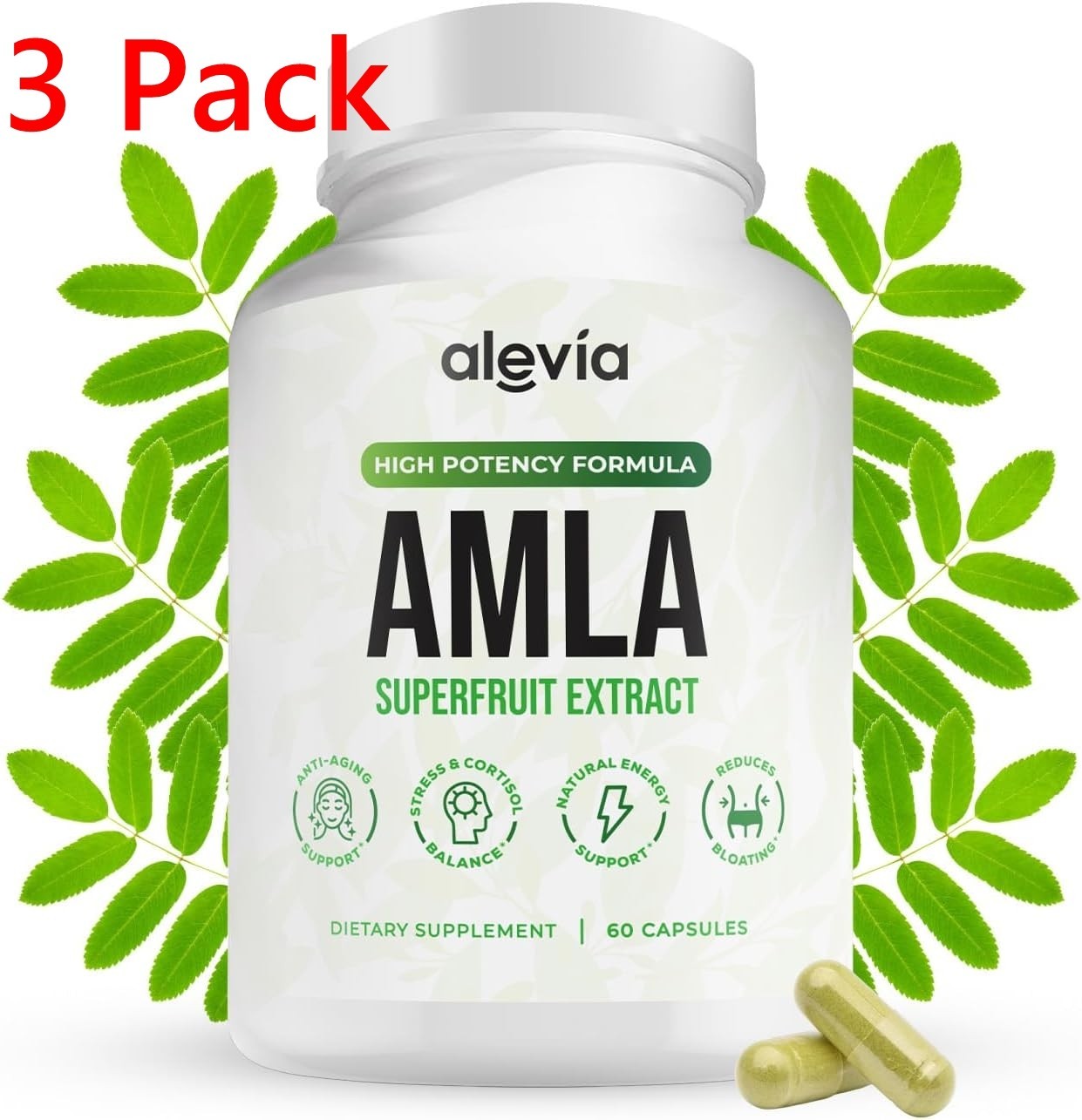 3PCS Alevia Organic Amla Capsules 1000mg Indian Gooseberry Amla Fruit Supplement