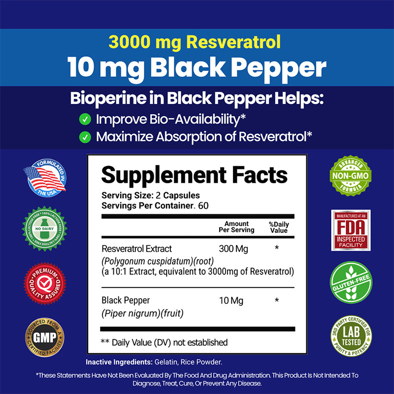 Resveratrol 3000 Mg – Powerful Antioxidant, Vibrant & Young Skin, Non-GMO