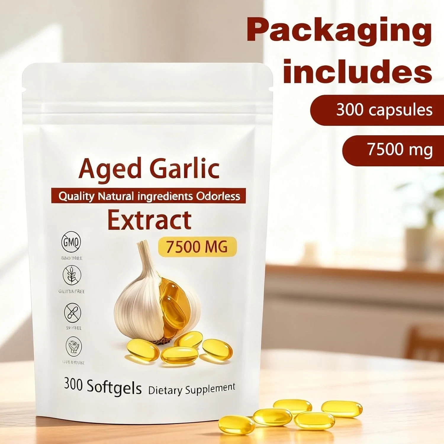 Garlic Odorless 7500mg Per Servings, 300 Softgels | 2 Years Aged Garlic Extra