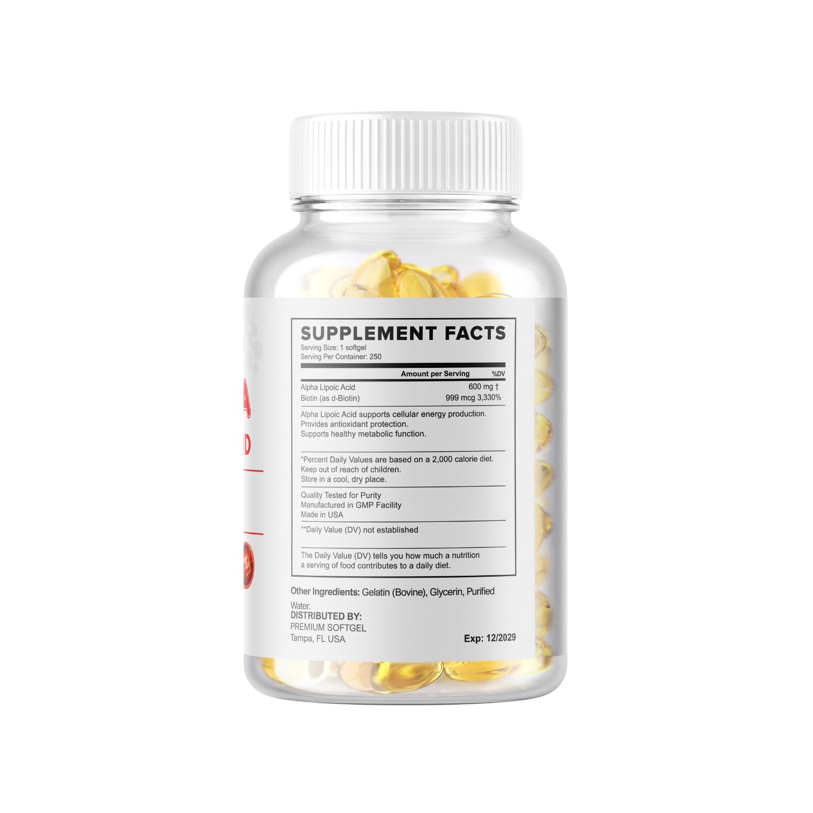 Alpha Lipoic Acid 600mg 250 Softgel with Biotin Optimizer