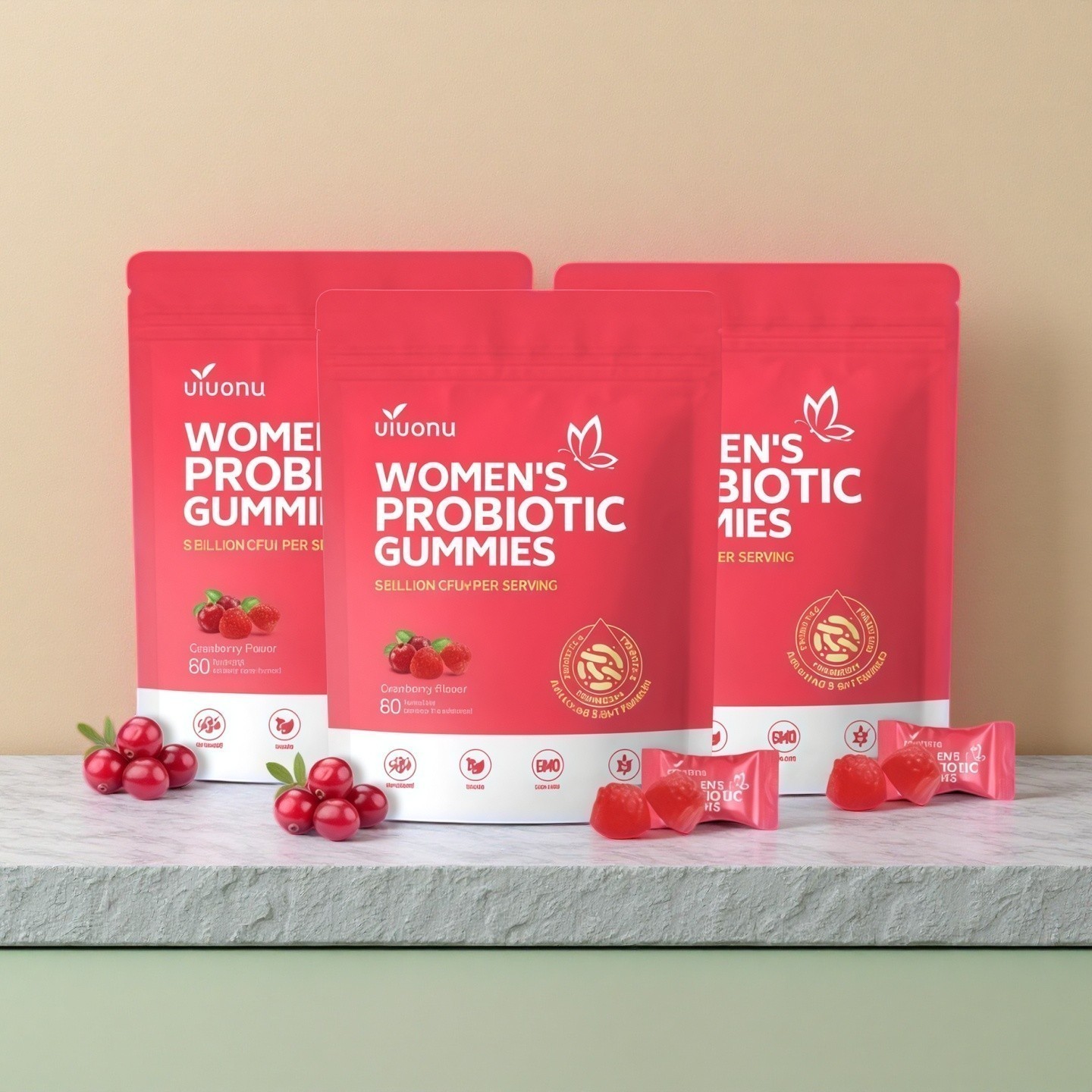 3PCS VivoNu Vaginal Probiotic Gummies Women pH Balance Yeast Flora Cranberry NEW