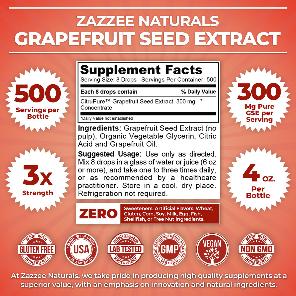 Zazzee GSE Grapefruit Seed Extract 4 Ounces, 100 mg Strength, 480 Servings