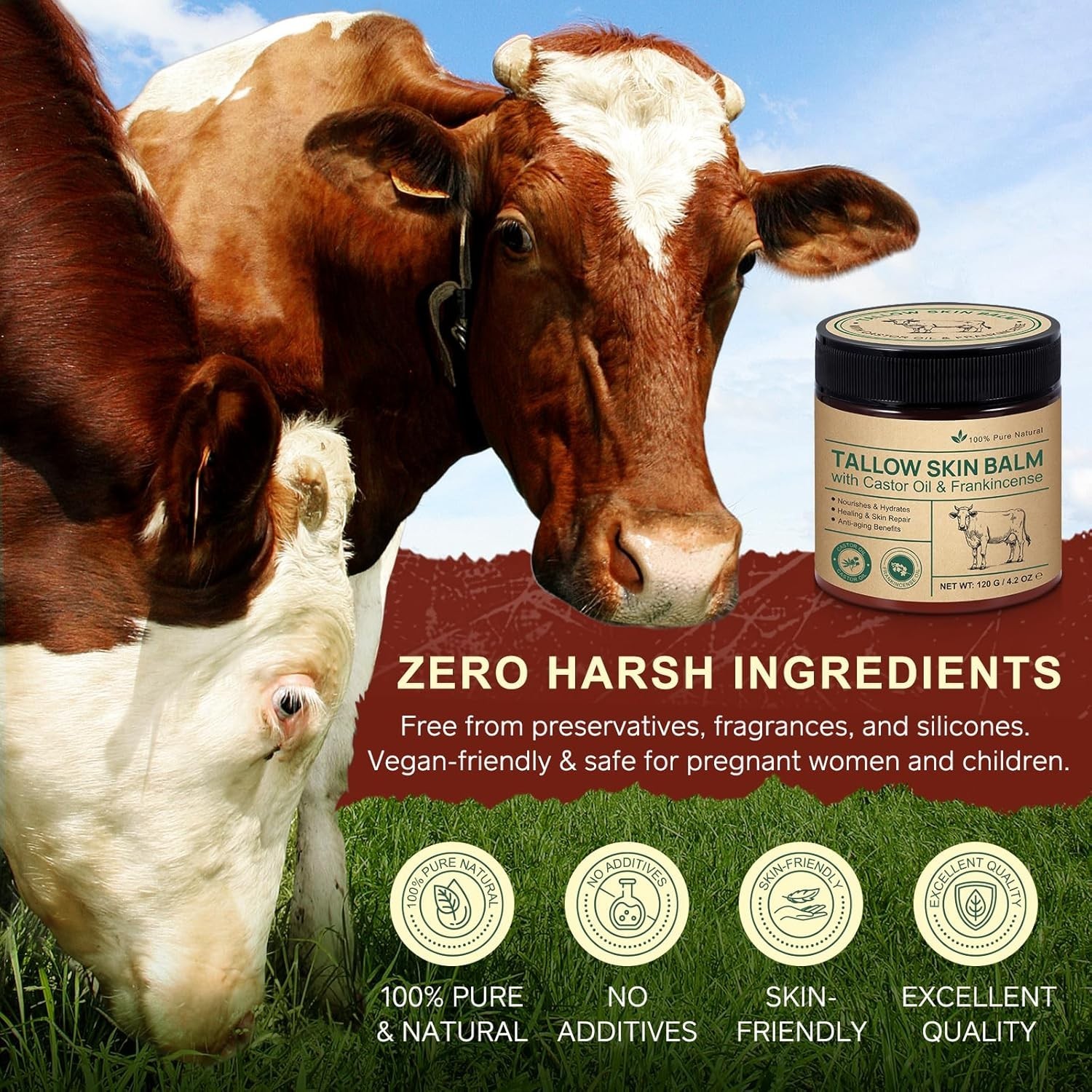 2 Pcak Beef Tallow Cream with Castor Oil and Frankincense, 100% Grass-Fed Tal…