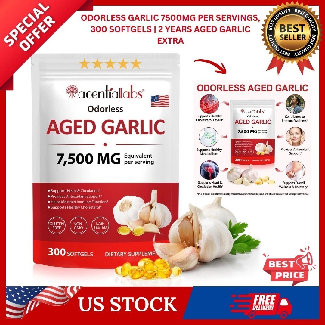 Odorless Garlic 7500Mg per Servings, 300 Softgels | 2 Years Aged Garlic Extra…
