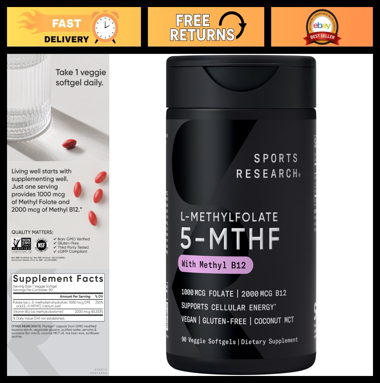 Methyl Folate & B12 1000 mcg + 2000 mcg for Energy Support – Vegan, Non-GMO, 90