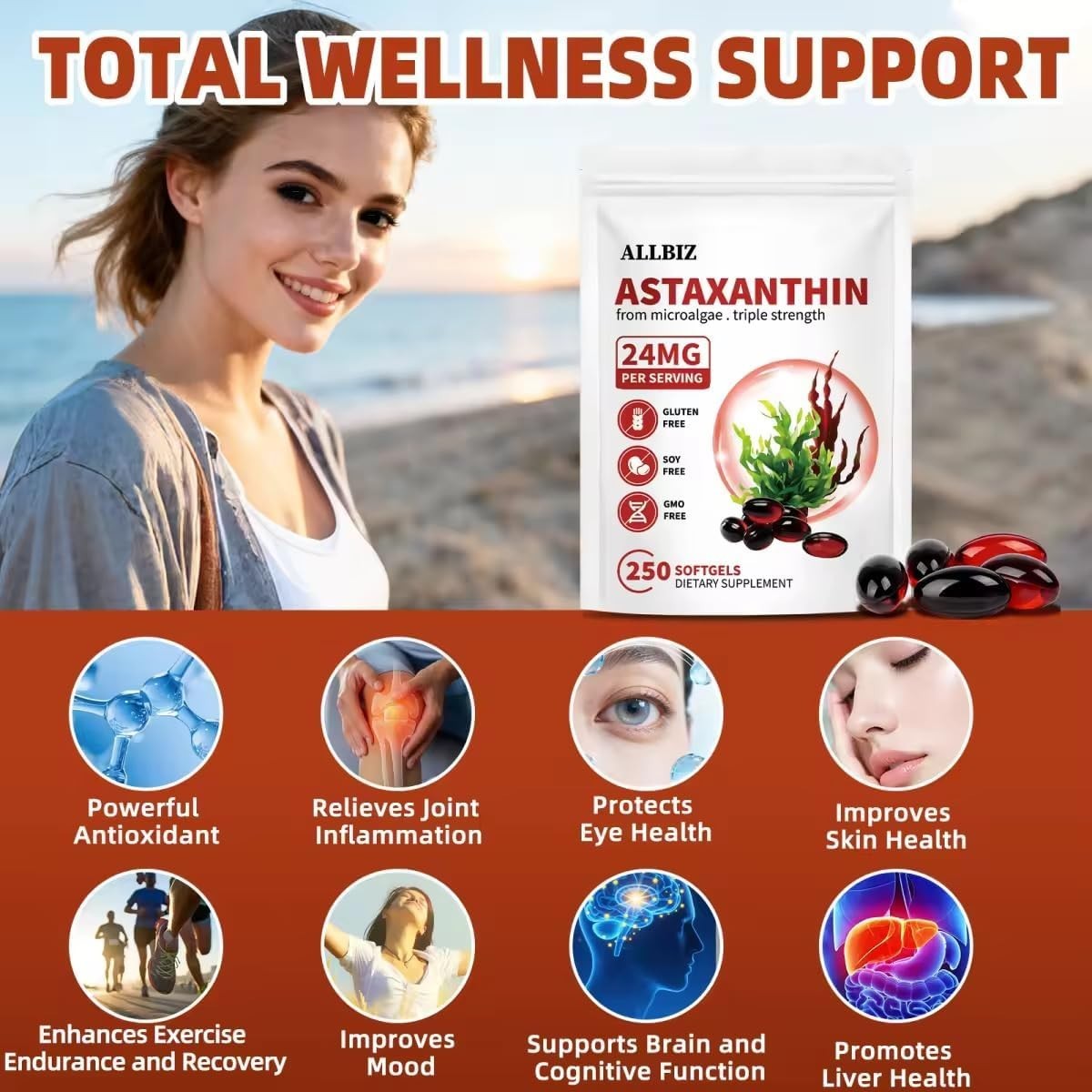 ALLBIZ Astaxanthin 24mg | 250 Softgels | 250-Day Supply | Premium Antioxidant Su