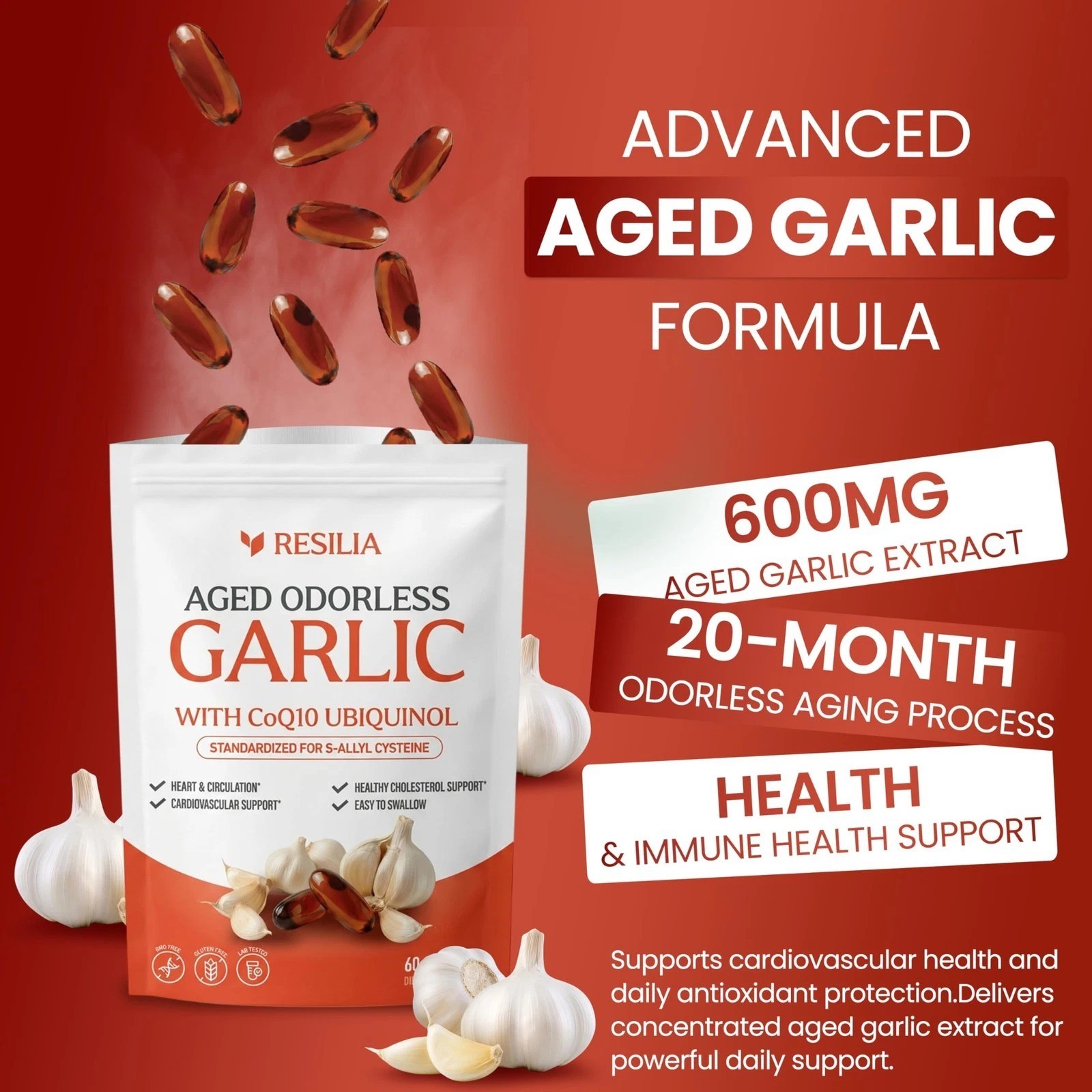 Resilia Garlic Extract 600mg Softgels (60 Count) – Odorless Aged Garlic Extra…