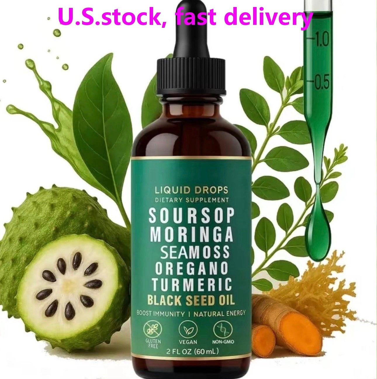 Nature’s Grant Soursop Moringa, Seamoss, Oregano, Turmeric, Black Seed Oil Drops
