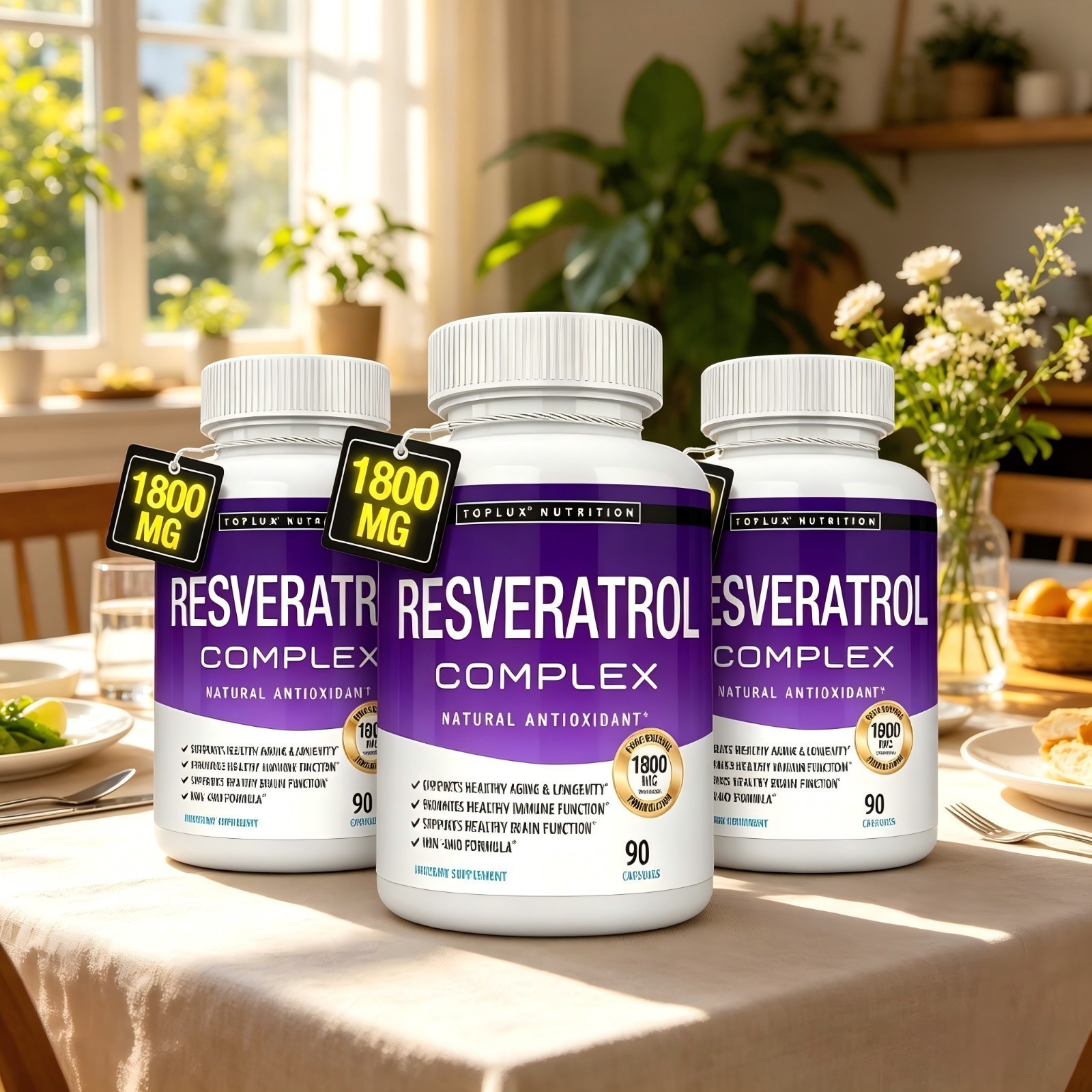 1800mg, 3 Pack Toplux Resveratrol Complex 90 Capsules Antioxidant Supplement NEW