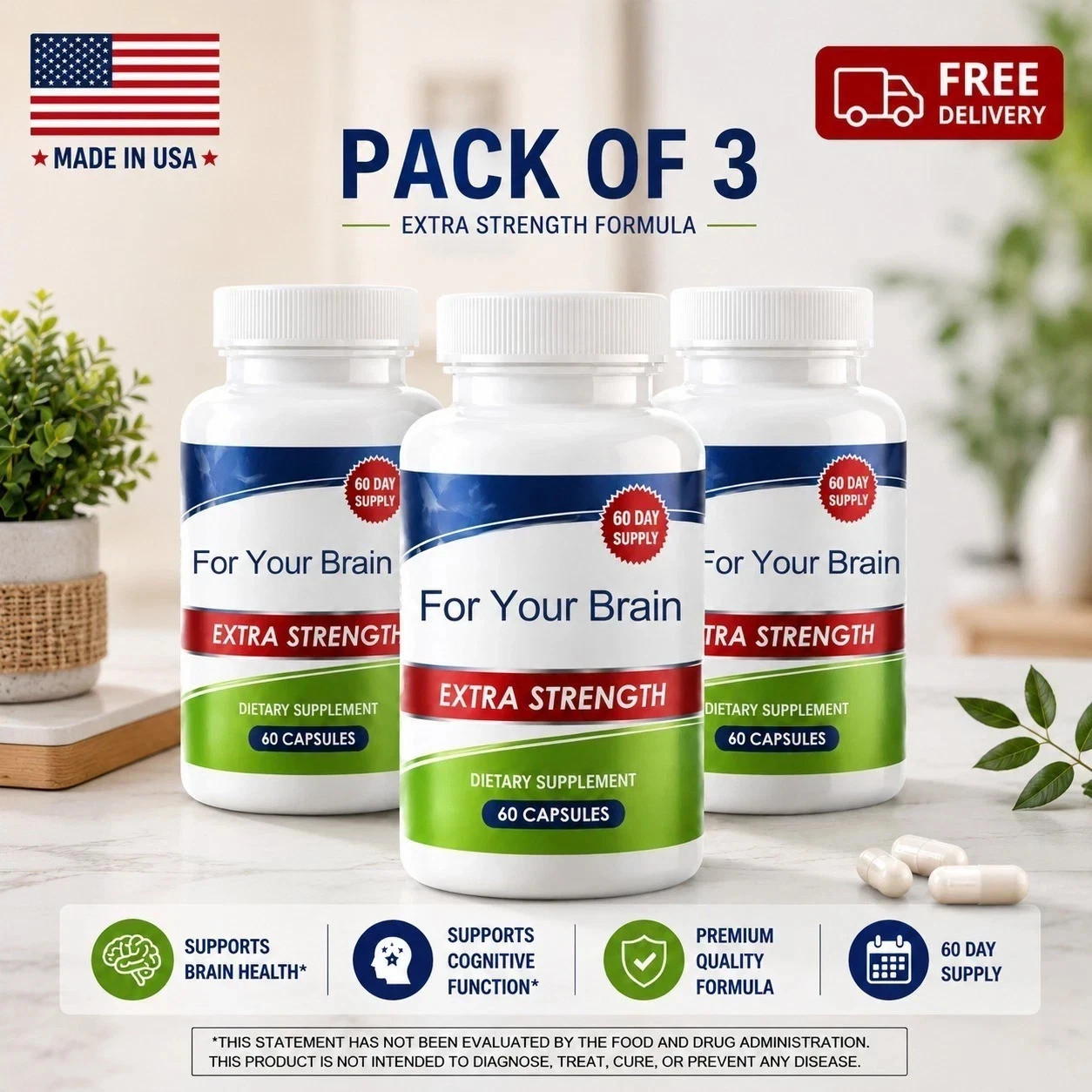 Brain Health Supplement Pack of 3 | Extra Strength 60 Capsules Per Bottle..