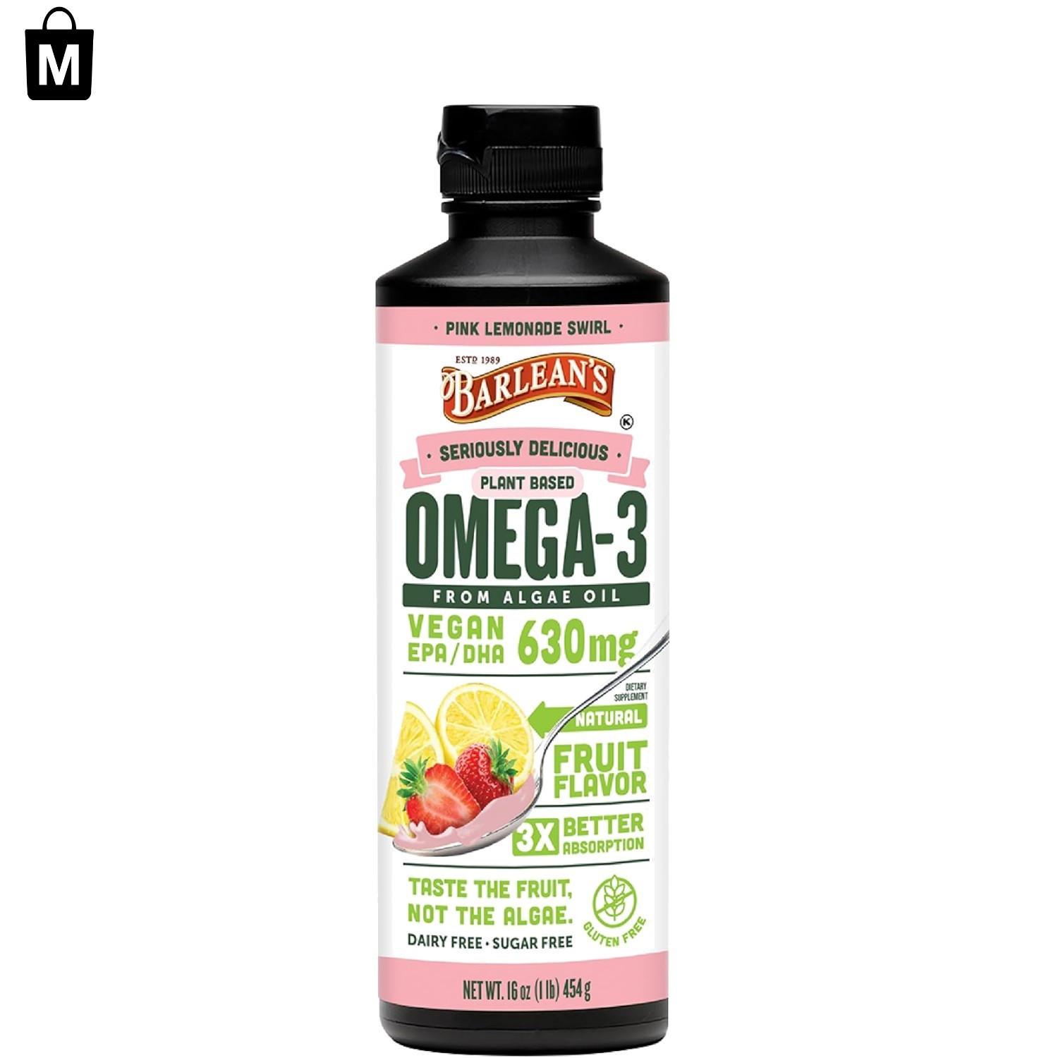 Liquid Algae Omega 3 in Pink Lemonade Flavor – 16 oz Heart Health Support