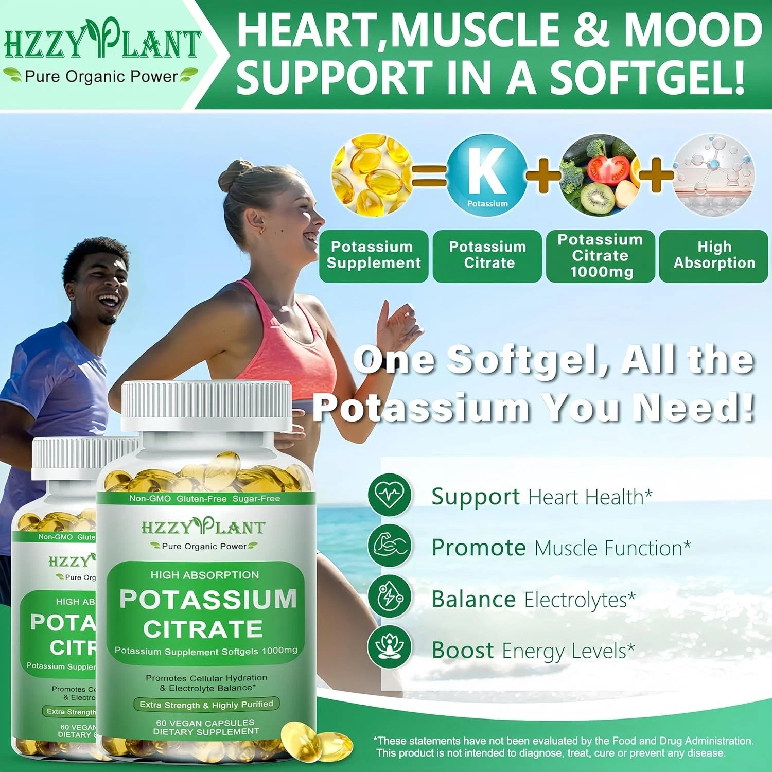 Potassium Supplement Softgels, High Absorption Potassium Citrate 1000Mg for Musc