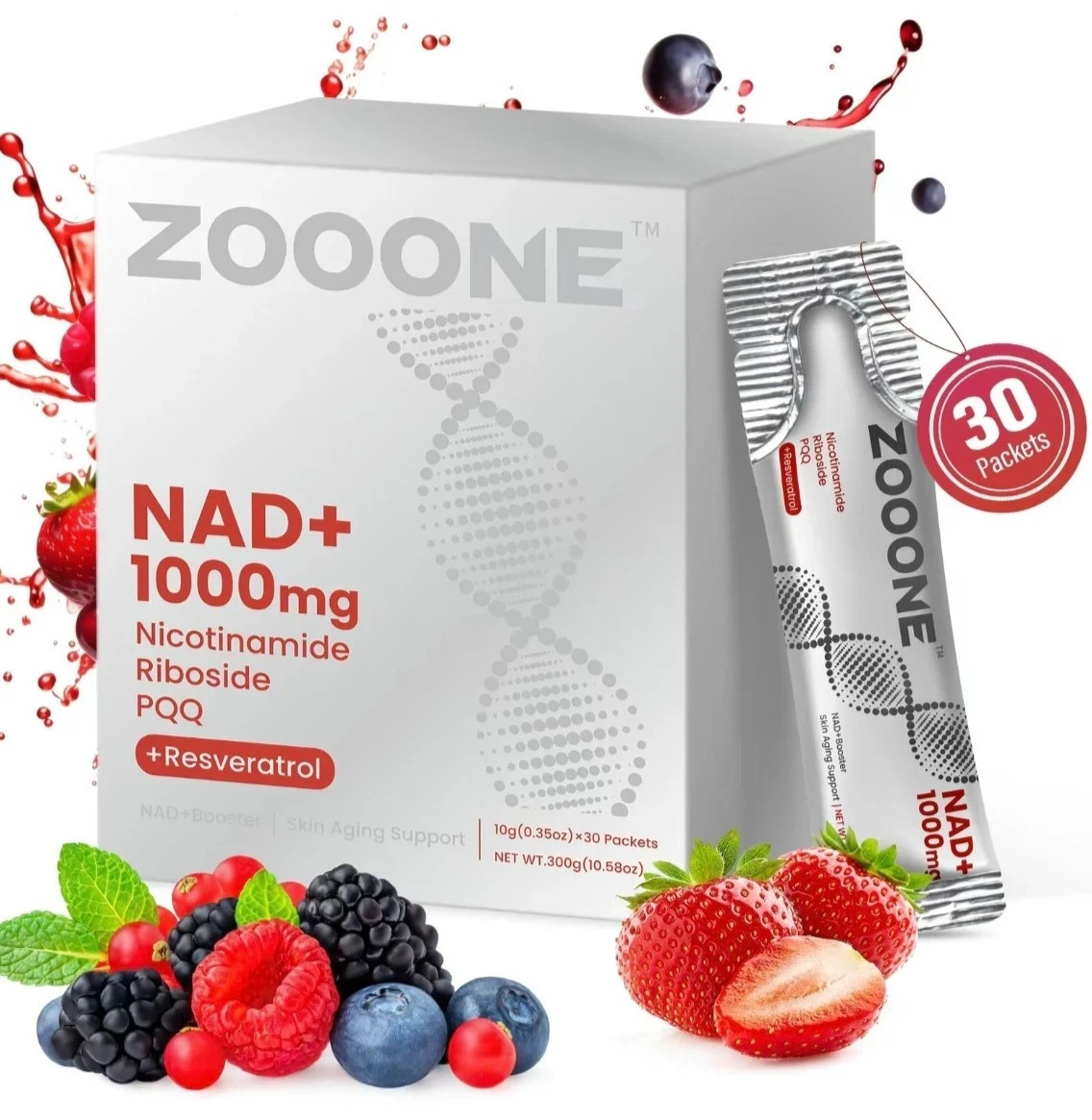 ZOOONE 1000mg NAD+ Berry Drink Mix 30 Pack Anti-Aging Energy Focus Support